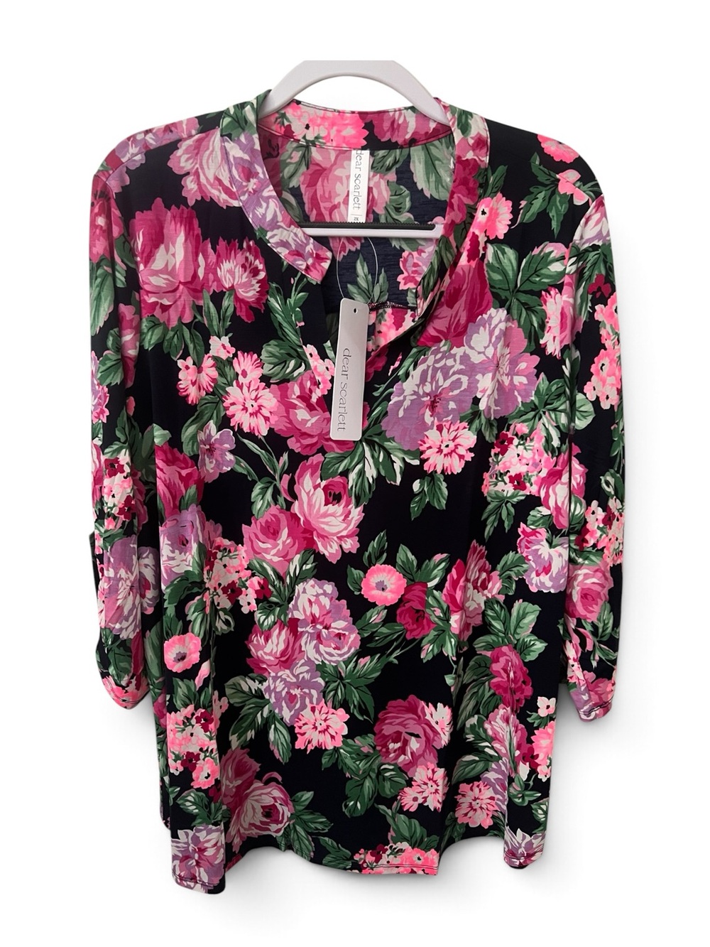 Dear Scarlett Plus Size Floral V-Neck Lizzie Tunic Top in Navy with Pink & Green